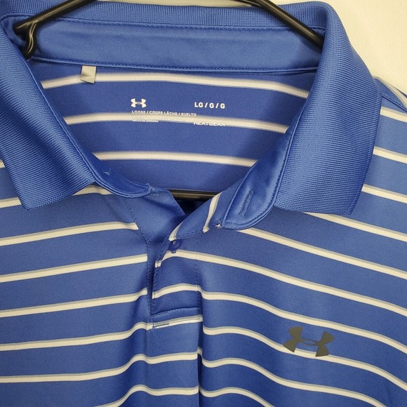 Men's Under Armour HeatGear Short Sleeve Polo Shirt Blue with White Stripes L - Picture 3 of 9